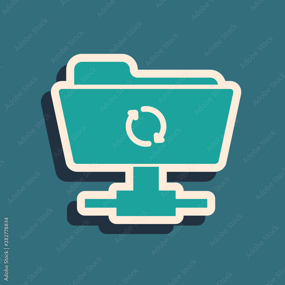 Poster green ftp sync refresh icon isolated on blue background. software update, transfer protocol, router,