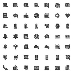 Notifications vector icons set, modern solid symbol collection, filled style pictogram pack. Signs logo illustration. Set includes icons as new message notice, phone call, friend request, Low battery