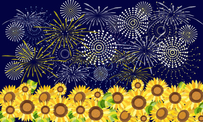 夏　花火大会　お祭り　向日葵　8月　真夏　提灯　満開　真夏　夜　夜空　花火　水彩　背景　背景素材