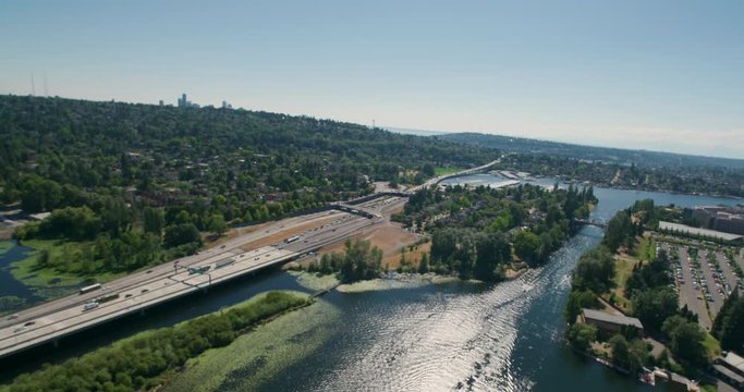 High Above Seattle Aerial Shot - 520 Bridge and Montlake Cut