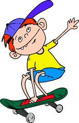 Cartoon sketch of teen boy skateboarder on skateboard, red hair,in baseball cap. Hand drawn colored vector illustration isolated on white background.