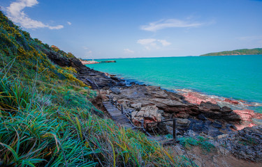 The natural background of the wooden bridge admiring the seaside scenery, facilitating walking,...