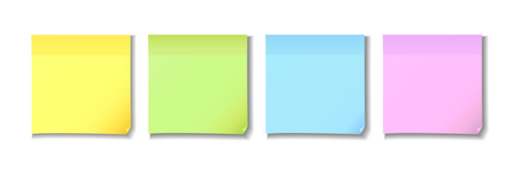 Yellow, green, blue and pink sticky notes paper. Four post note colorful paper on white background. Vector illustration