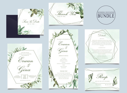 Wedding invitation card bundle with green leaves template