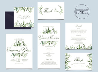 Fototapeta na wymiar Wedding invitation card bundle with green leaves template