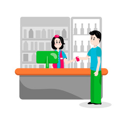 Large supermarket store. Shopping for food and clothing. Vector flat character on white background. A man pays a credit card for purchases.