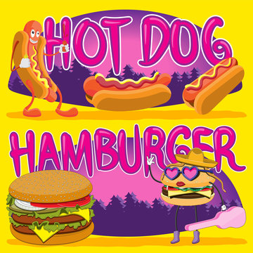 hot dog masHorizontal flyer hotdog hamburger character letters forest. Banner flyer cover artwork design on isolated yellow background. Vector image.cot