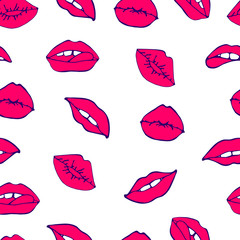 pink Lips seamless pattern. Cosmetics and makeup seamless pattern. Closeup beautiful lips of woman with red lipstick. Sexy lip make-up. Open mouth. Sweet kiss. Seamless pattern in pop style.