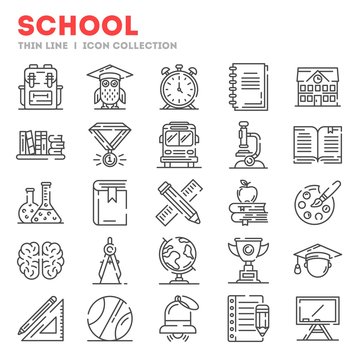 Big set of thin line icons about school, college, university life isolated on white. Outline stationary, educational tools pictograms collection. Vector elements for infographic, web.