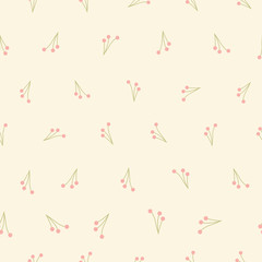 Simple pink buds on branches seamless vector pattern on cream background. Vector illustration. Surface pattern design.