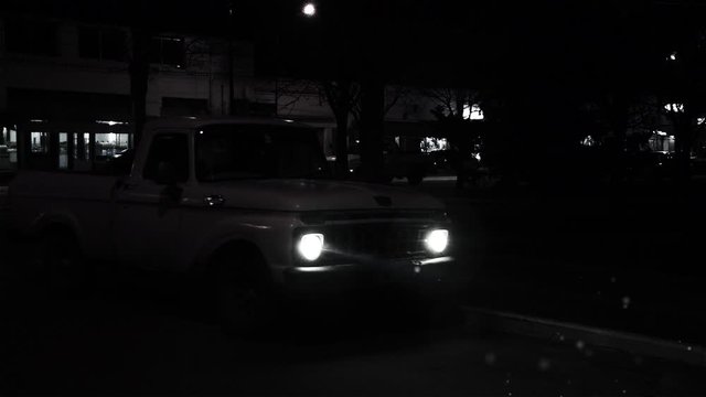 Retro Pick Up Car At Night. Black And White Tone. 