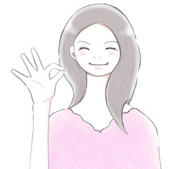 笑顔でOKサインを出すロングヘアの若い女性