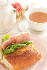 Homemade French bread and luncheon meat sandwich