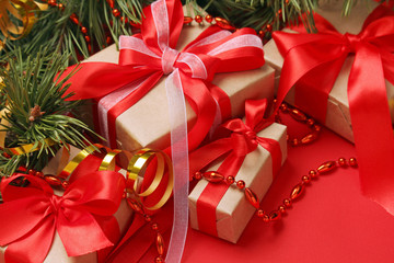 Bright New Year background with packed gifts