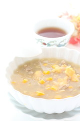 Chinese food, homemade ground pork meat and corn soup