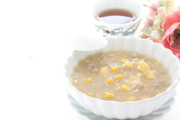 Chinese food, homemade ground pork meat and corn soup