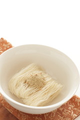 Asian food, instant rice noodles and seasoning