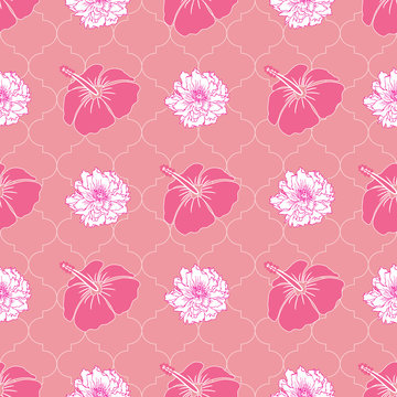 Peony and hibiscus flowers seamless pattern on pink quatrefoil background