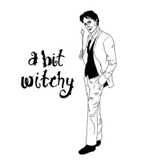 vector monochrome outline illustration with a magician with magic wand, augmented with A Bit Witchy sign.