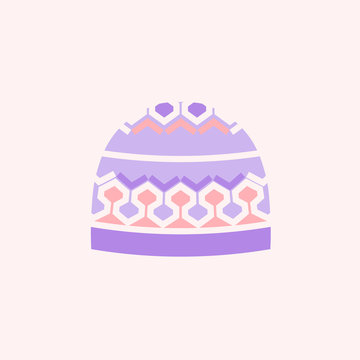 Icon of winter headwear with geometric pattern. Flat style vector hat in trendy in purple and pink. Isolated design element.