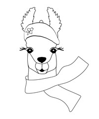 Cute black-white Llama in a beret with a scarf .Llama for coloring, childish print for fabric, t-shirt, poster, card, and different design.
