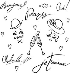 Vector set about love in Paris. Man, woman, champagne, hearts, lettering : bonjour, oui, oh la la, je t'aime © Svetlana