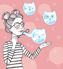 Vector hand drawn cute illustration of beautiful girl blowing air soap bubbles in the shape of cats, cute card with kawaii cats drawn in anime style, lovely card with flying kittens