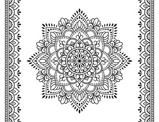 Set of mandala pattern and seamless border for Henna drawing and tattoo. Decoration in ethnic oriental mehndi, Indian style. Doodle ornament in black and white. Hand draw vector illustration.