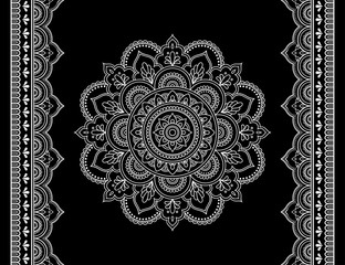 Set of mandala pattern and seamless border for Henna drawing and tattoo. Decoration in ethnic oriental mehndi, Indian style. Doodle ornament in black and white. Hand draw vector illustration.