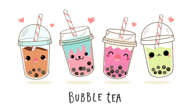 Cute Bubble milk tea cartoon characters vector set.  Design for Milk Tea Ads and Logo design template. 