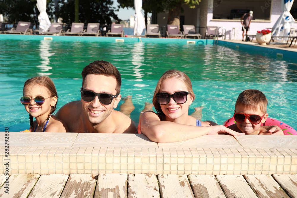 Sticker happy family in swimming pool on summer day