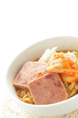 Korean food, luncheon meat and spicy ramen noodles