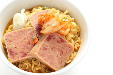 Korean food, luncheon meat and spicy ramen noodles