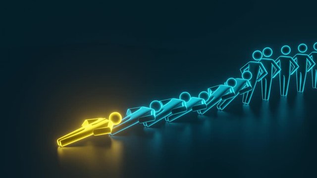 Many man figures domino effect. Executive and risk control concept. A team of people who fall by the domino effect. 3D rendering