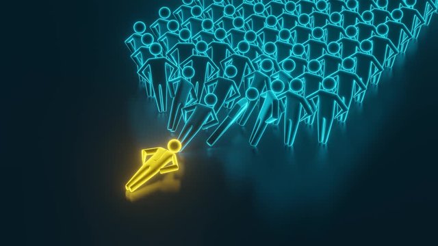 Many man figures domino effect. Executive and risk control concept. A team of people who fall by the domino effect. 3D rendering