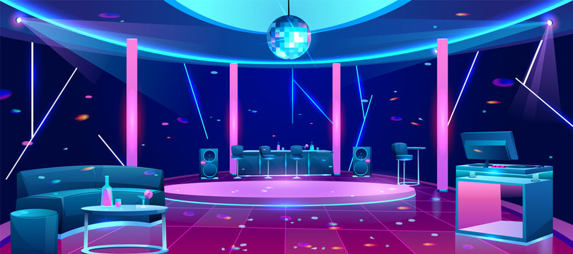 Nightclub interior with bright neon illumination, stools near bar counter, comfortable sofa, alcohol drinks on table, DJ equipment on desk, disco ball under dance floor cartoon vector illustration