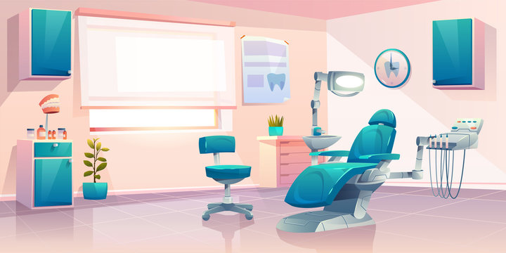 Dentist office, stomatology service or clinic cabinet, orthodontist practice workplace interior with modern chair equipped integrated dental engine and surgical light unit cartoon vector illustration