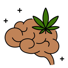 Cannabis, marijuana or weed and brain. Influence of smoking marijuana on human brain, nervous system, mental activity. Isolated vector illustration on white background.