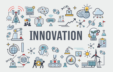 Fototapeta na wymiar Innovation banner web icon for business, brain, research, creative, light bulb, Development and science technology. simple thin line infographic.