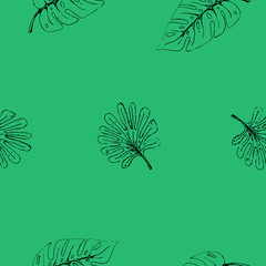 Freehand drawing tropical leaf pattern. Leaf silhouette on green background EPS8 vector illustration