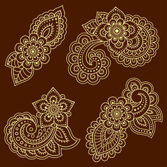 Set of Mehndi flower pattern for Henna drawing and tattoo. Decoration in ethnic oriental, Indian style. Doodle ornament. Outline hand draw vector illustration.