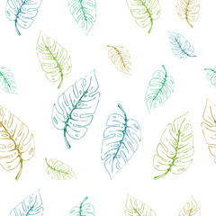 Beautiful pattern of tropical leaves monstera freehand drawing. Pencil sketch of monstera leaves in shades of green and blue. EPS8 vector illustration