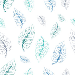 Beautiful pattern of tropical leaves monstera freehand drawing. Pencil sketch of monstera leaves in shades of blue and purple. EPS8 vector illustration