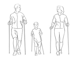 Nordic or scandinavian walking. Woman, man and kid silhouettes with sticks. Safe fitness for young family. Black isolated contour. Hand drawn style. Vector outline. Graphic element.