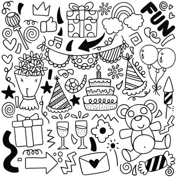 hand drawn party doodle happy birthday Ornaments background pattern Vector illustration