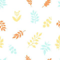 Autumn pattern of watercolor leaves freehand drawing. Sketch of leaves of plants in orange-blue tones, textile pattern EPS8 vector illustration