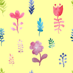 Naklejka na ściany i meble Vector watercolor seamless pattern with flowers and plants. On a yellow background. Floral decor. Original floral background. Pattern for textiles and baby clothes EPS8 vector illustration