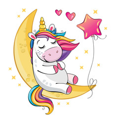 A cute funny unicorn is sitting on the moon and a pink balloon. Isolated illustration with cartoon and fabulous little pony, a star and a heart. Romantic story. Wonderland. Vector. © penochka1