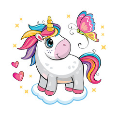 Fototapety  Cartoon funny unicorn on a white background. Cute little pony with butterfly, star, cloud and heart. Wonderland. Fabulous isolated illustration for sticker or print. Poster for friends, family. Vector