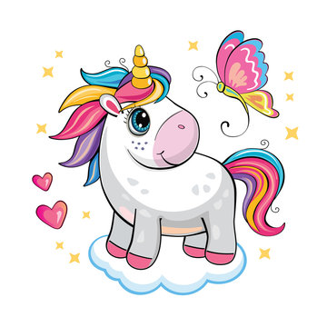 Cartoon funny unicorn on a white background. Cute little pony with butterfly, star, cloud and heart. Wonderland. Fabulous isolated illustration for sticker or print. Poster for friends, family. Vector